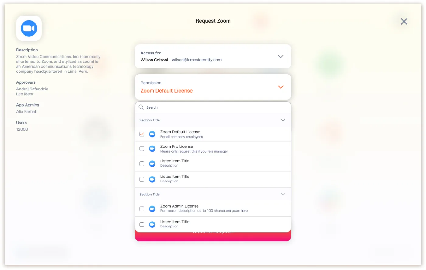 The old Lumos request modal for Zoom. A permission dropdown is open, listing licence options such as Zoom Default License, Zoom Pro License and Zoom Admin License for the employee to choose between.
