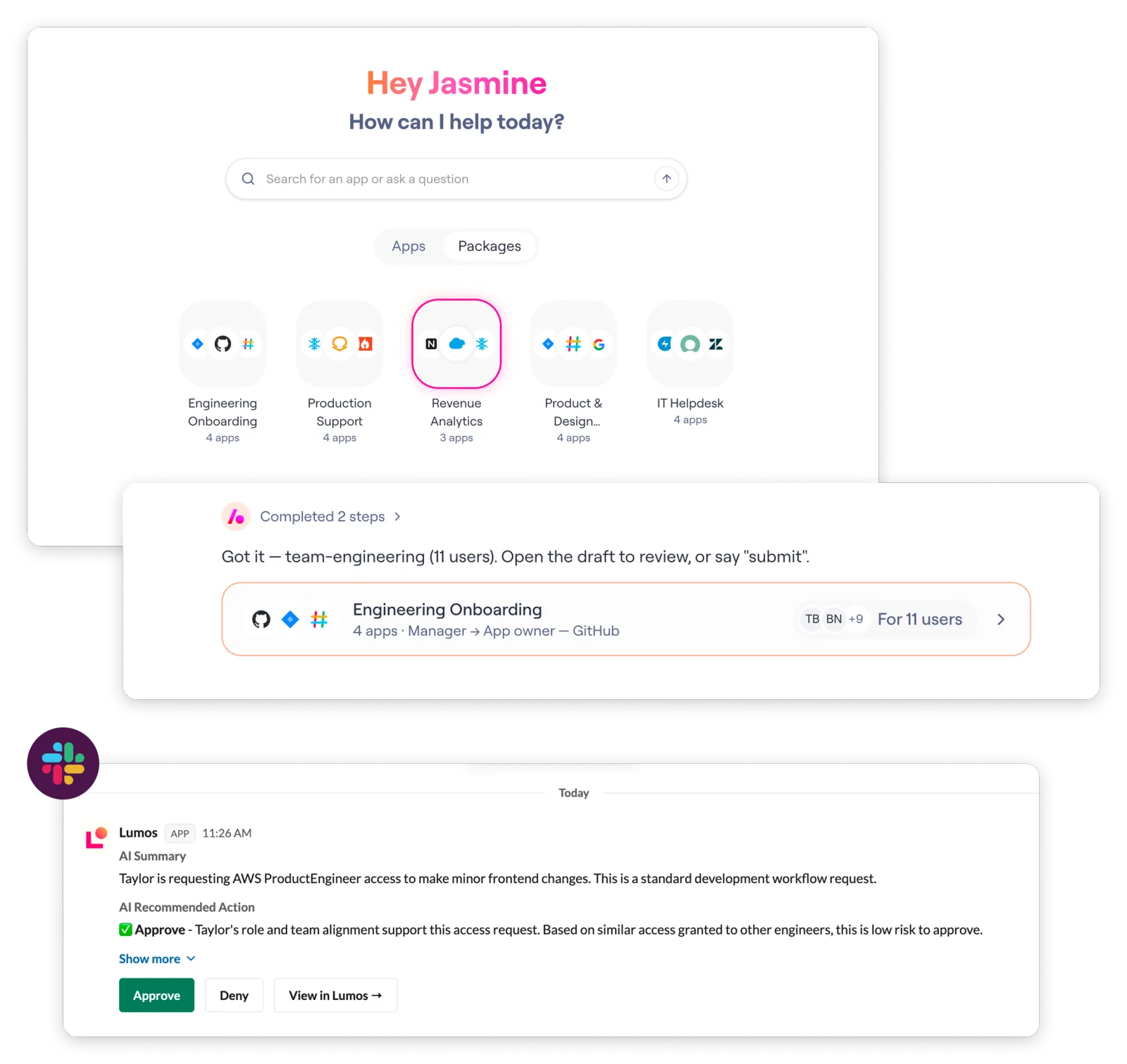 Three upcoming surfaces stacked. The AppStore home with a Packages tab showing bundles such as Engineering Onboarding and Revenue Analytics; the agent drafting a group request for eleven users; and a Slack thread where it posts an AI summary with Approve and Deny actions for the approver.
