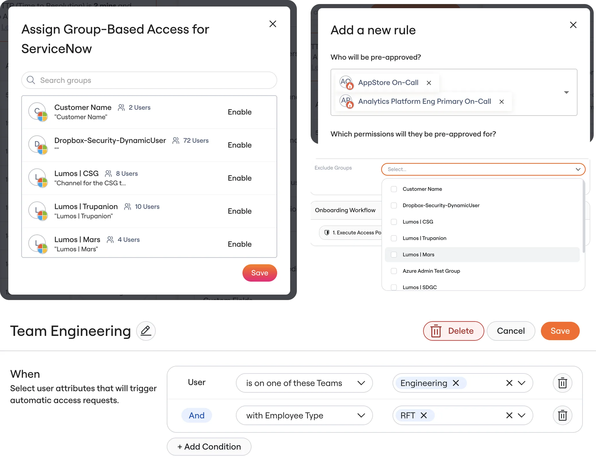 Four Lumos surfaces, each with its own way to describe a set of users: an Assign Group-Based Access dialog for ServiceNow, listing groups with an Enable button beside each; an Add a new rule dialog asking who will be pre-approved, with on-call groups entered as tokens; an Exclude Groups picker inside an onboarding workflow, offering a checkbox list of the same groups; and a Team Engineering rule whose When conditions read User is on one of these Teams Engineering, And with Employee Type RFT.