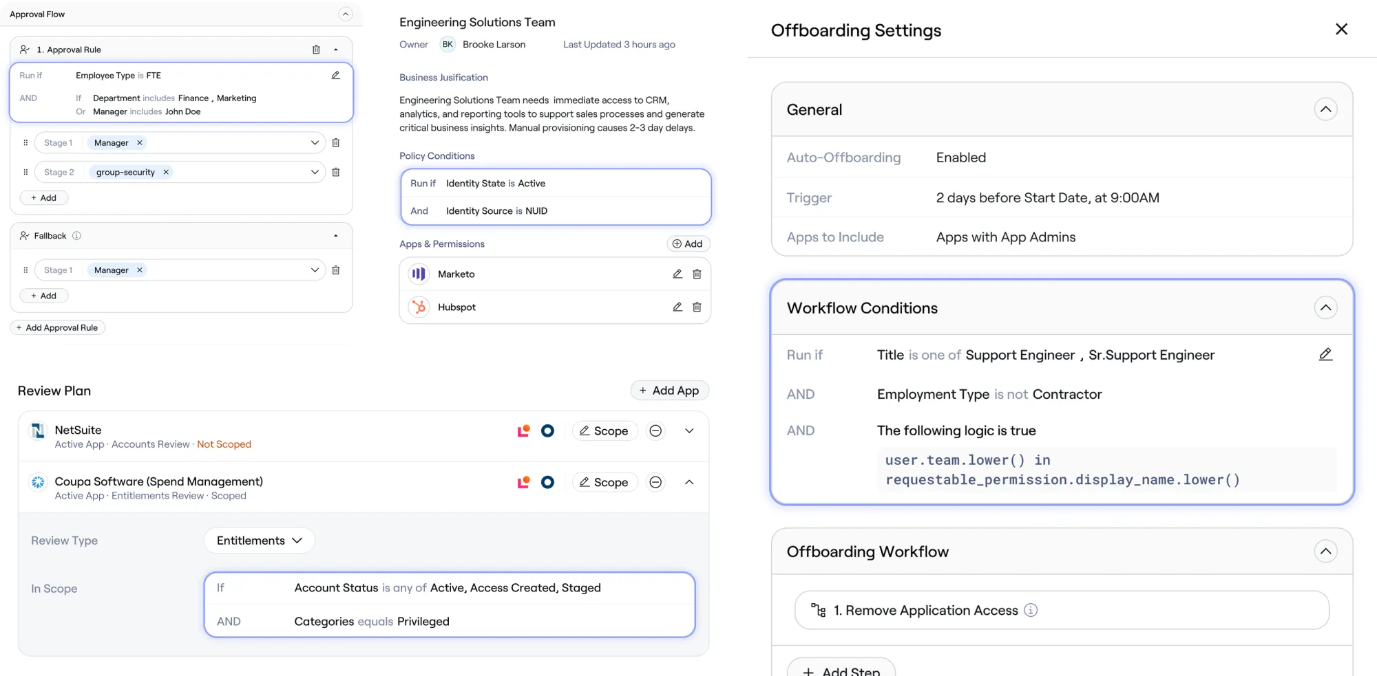 The same condition builder embedded in four different Lumos surfaces, each highlighted: an Approval Flow rule reading Employee Type is FTE AND Department includes Finance, Marketing or Manager includes John Doe; a team's Policy Conditions reading Identity State is Active AND Identity Source is NUID; a Review Plan's In Scope conditions reading Account Status is any of Active, Access Created, Staged AND Categories equals Privileged; and an Offboarding Settings panel whose Workflow Conditions read Title is one of Support Engineer, Sr. Support Engineer AND Employment Type is not Contractor AND a Lumos expression is true.