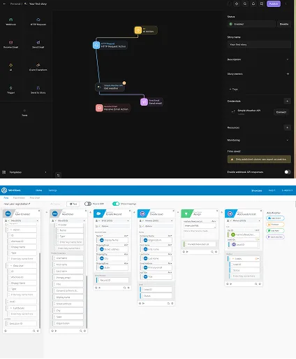 Two canvas-style workflow builders: a dark canvas with HTTP request, email and trigger nodes wired together by hand beside a settings panel, and a light board of connected cards, each holding a long list of fields to map.