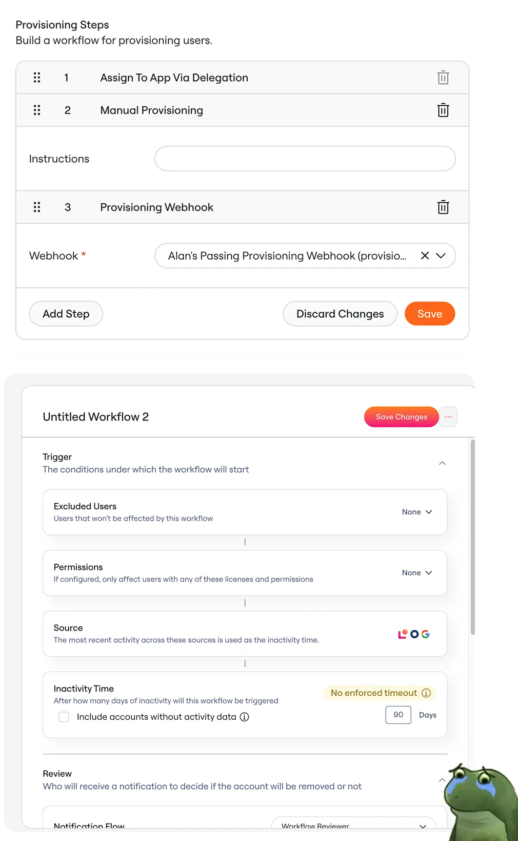 The two workflow patterns Lumos already had, stacked: a Provisioning Steps list with numbered steps and per-step parameters, and below it a separate workflow builder organised around a trigger with excluded users, permissions, source and inactivity-time conditions.