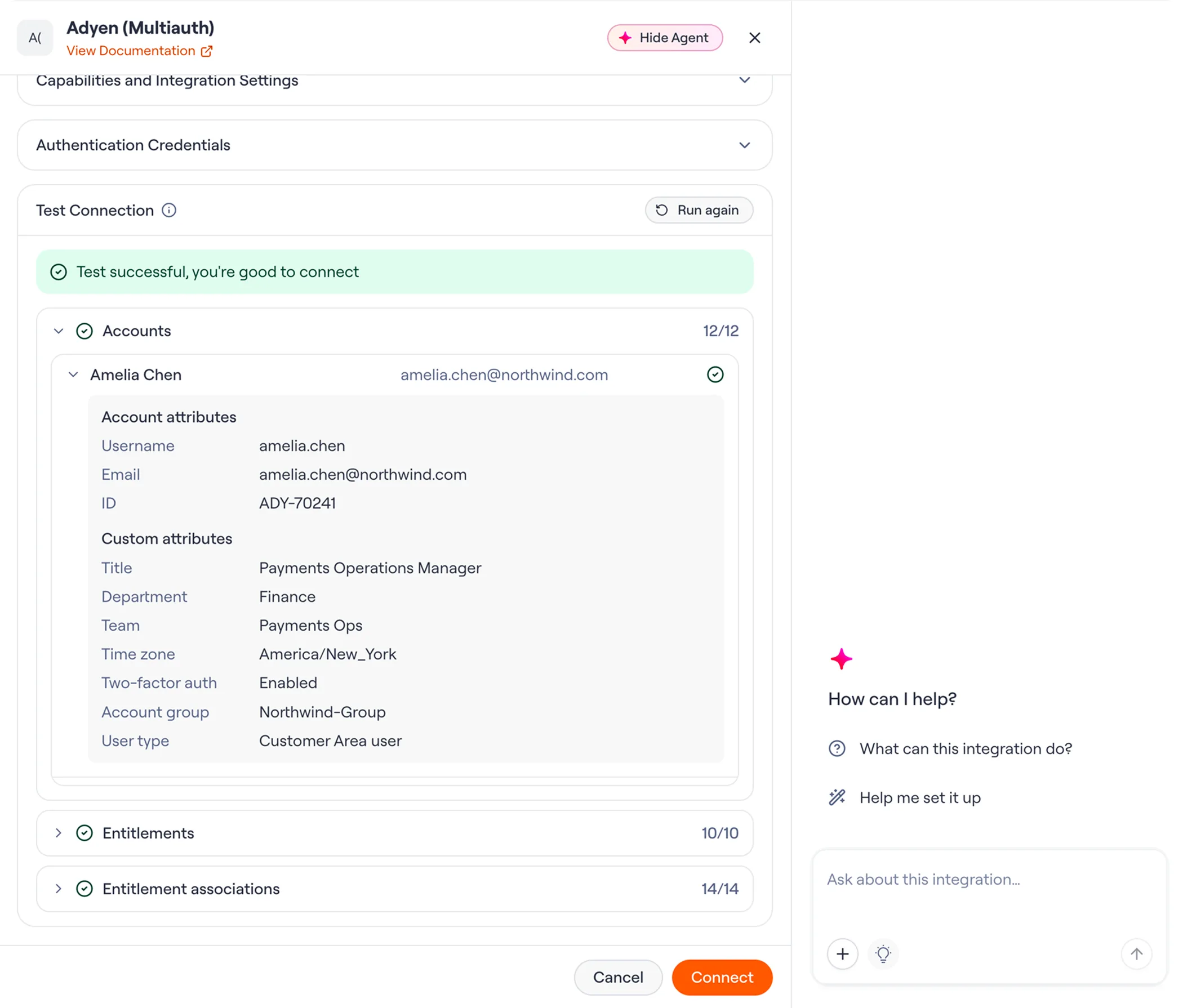 The Adyen connect drawer with the agent open beside it. A Test Connection panel reports Test successful, you're good to connect, with Accounts 12 of 12 expanded to show a real record pulled back - username, email, ID and custom attributes such as title, department and two-factor auth - then Entitlements 10 of 10 and Entitlement associations 14 of 14, with Cancel and Connect at the bottom.