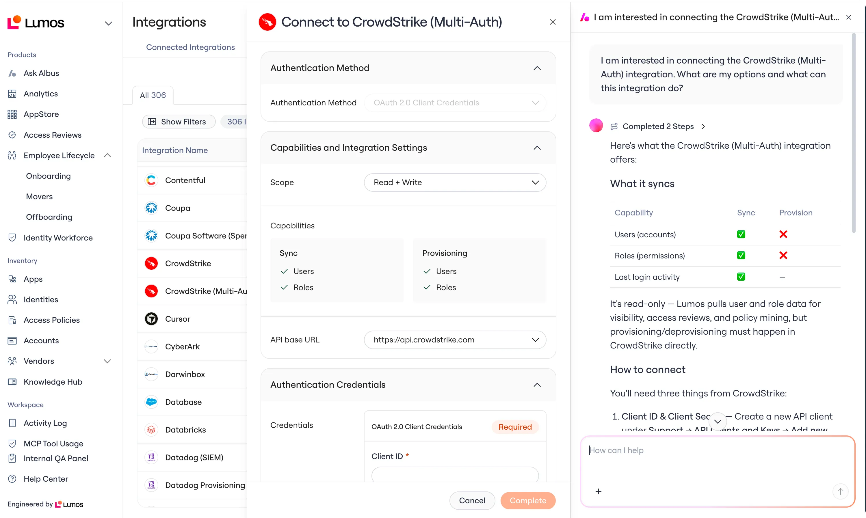 The CrowdStrike (Multi-Auth) connect drawer open over the Integrations table, with the agent as a split pane on the right. The admin has asked what their options are and what the integration can do, and the agent answers with a What it syncs table - users, roles and last login activity, each marked for sync or provisioning - a note that the integration is read-only, and numbered How to connect steps naming the three credentials to fetch from CrowdStrike.
